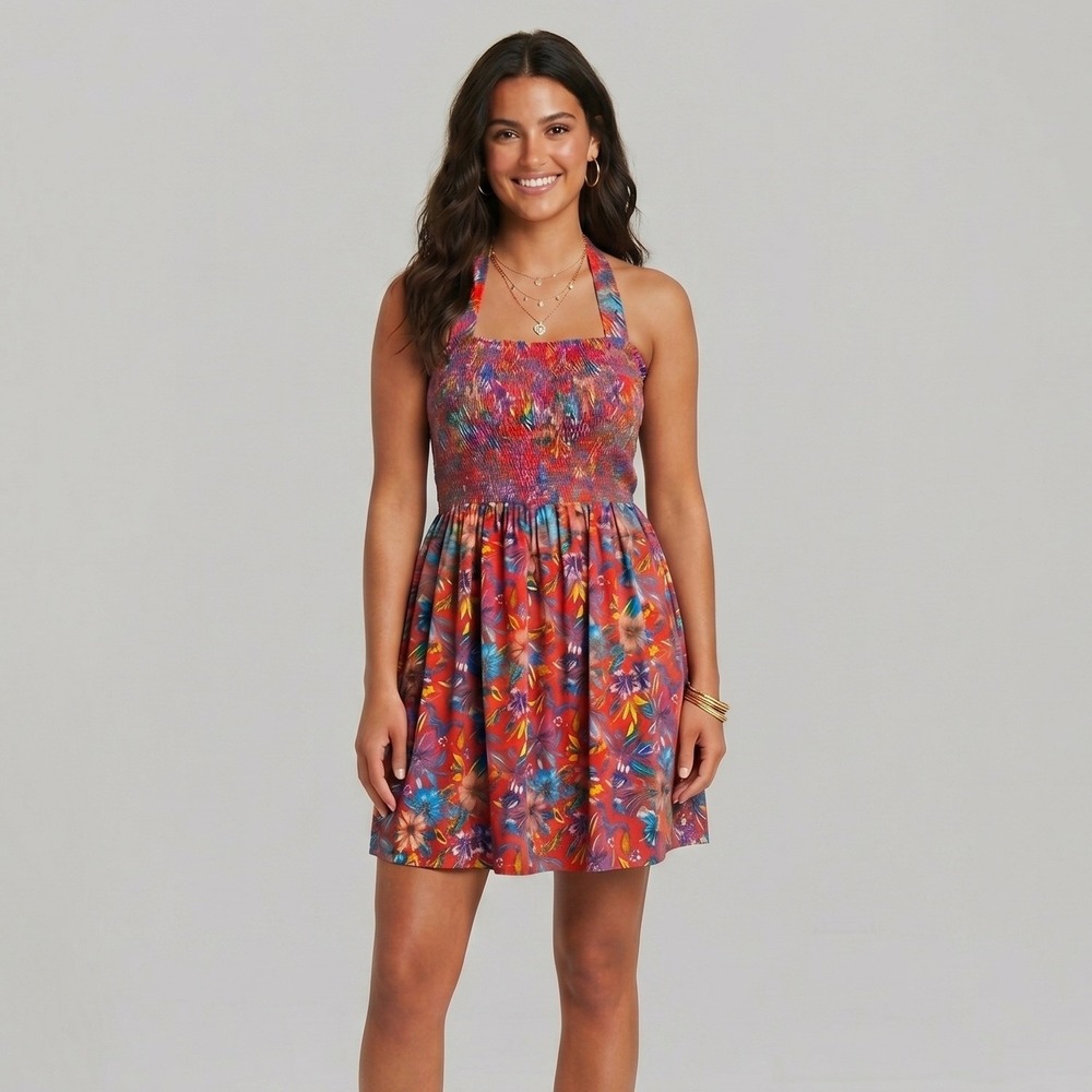 B·O·G‎ Collective Rust Floral Halter Sundress M Smocked Tropical Beach Summer